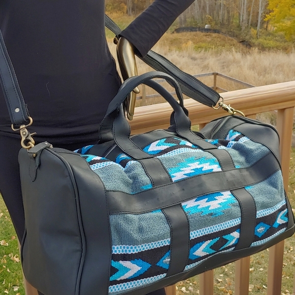 Handmade Saddle Blanket leather duffel bag black turquoise travel boho - Picture 2 of 12